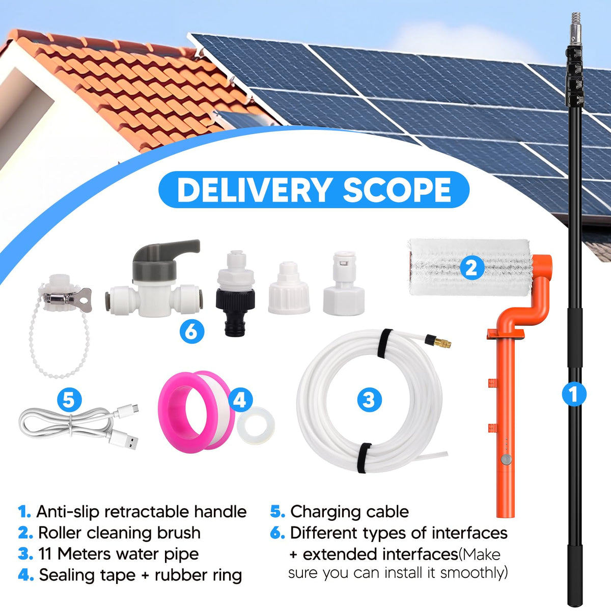 Electric Solar Panel Cleaning Brush and Pole, 20FT Telescopic Cleaning Roller Brush with Water Fed Pole,2 Hours Runtime, 2 Spin Speeds, for Solar Panlel, Outside High Window, Roof (Orange)