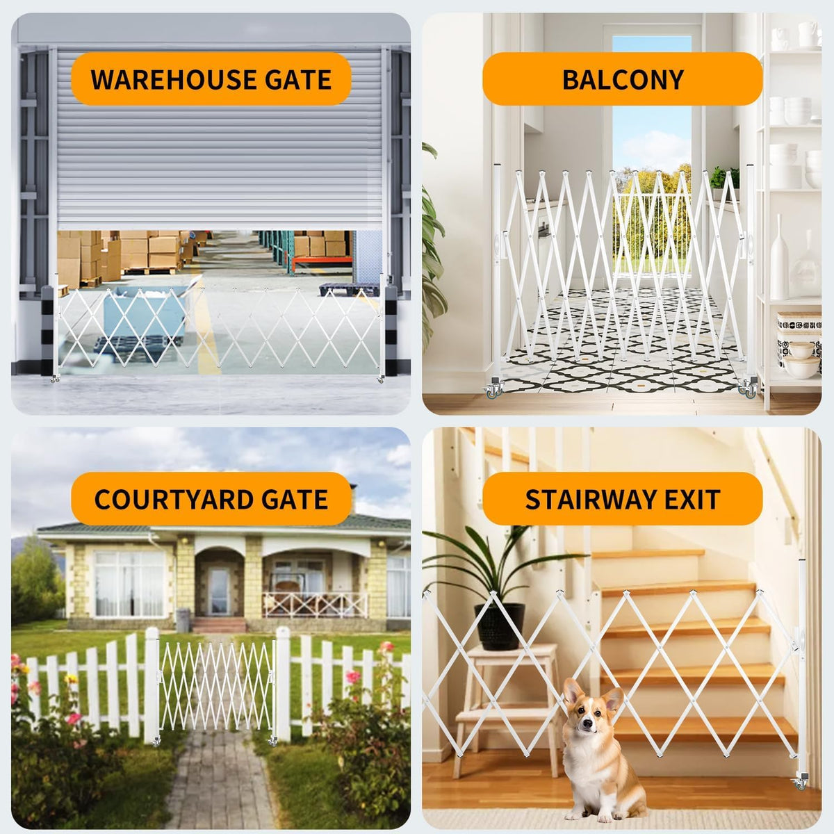 Expandable Barricade Gate,129” Metal Safety Barrier Gate with Casters,Accordion Garden Yard Outdoor Indoor Fence Folding Security Dog Gates Wall Mount,White