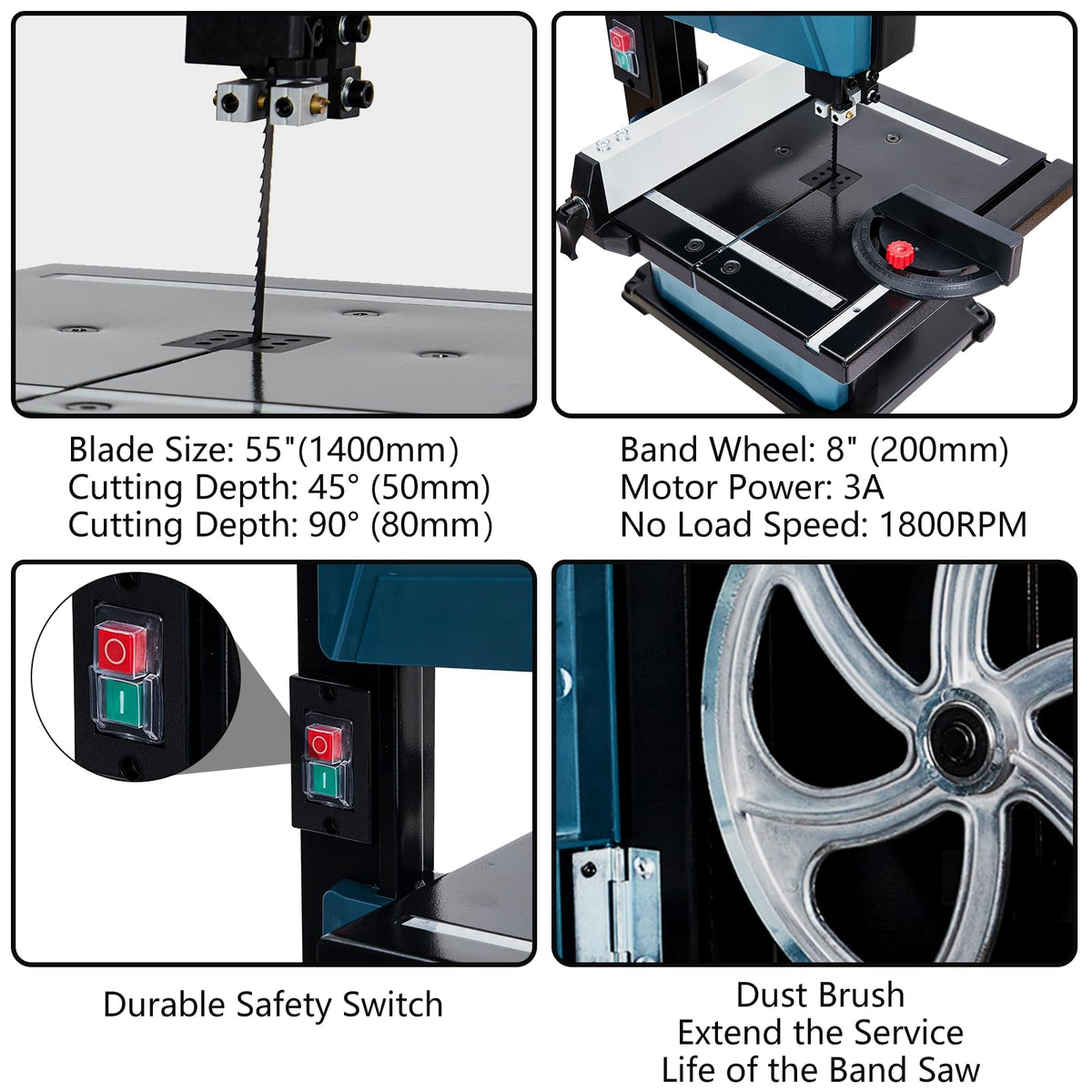 8-Inch Bandsaw, 3-Amp Band Saw, 1800FPM Benchtop Bandsaw with Removable Safty Key, 0-45 Tilting Range, Saw For Cutting Wood with Fence and Miter Gauge, Band Saws for Woodworking