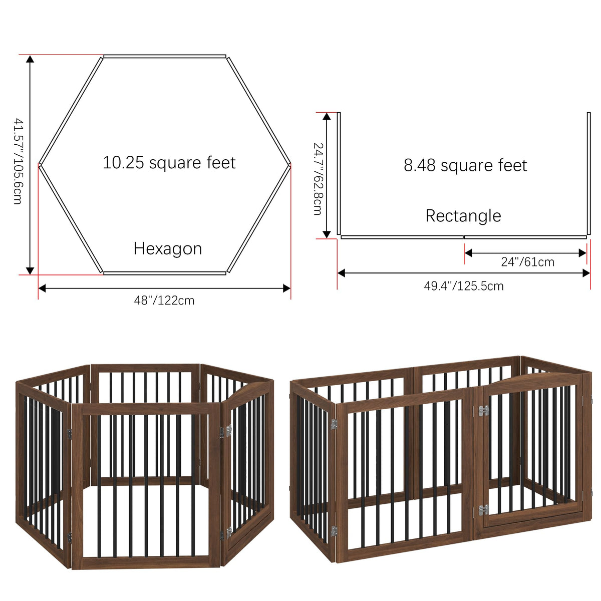 Vantas Folding Pet Gate 144" Wide, 30" Tall No-Assembly Wooden Dog Gate with Door Walk Through, Freestanding Puppy Safety Fence, with 2PCS Support - Brown