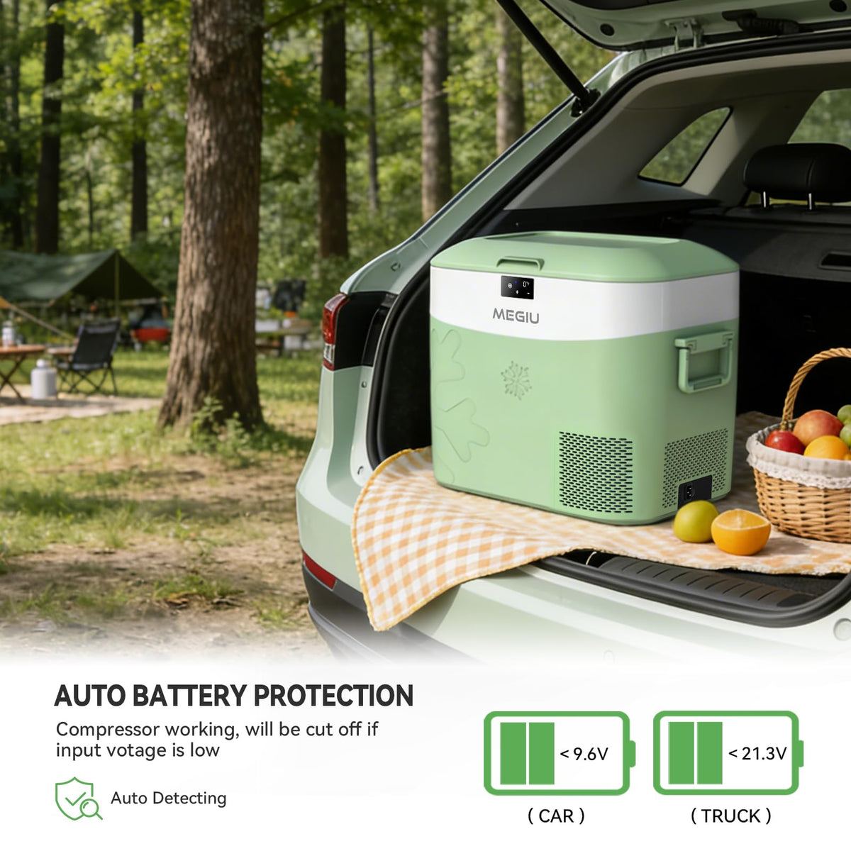 Megiu Car Fridge Portable 12 Volt Refrigerator 23 Quart (22 Liter) Freezer Compressor Cooler 12V/24V DC 110~240 V AC for Outdoor, Camping, Travel, Home Use -18℃~+15℃ (Green)