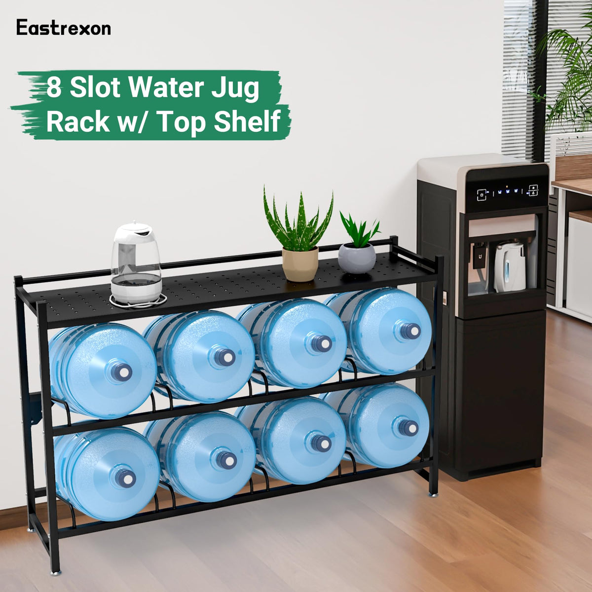 Eastrexon 5 Gallon Water Jug Holder Heavy Duty,3-Tier Water Jug Rack w/Top Shelf, Wall Mount Water Bottle Holder for 8 Bottles, Powder Coated Water Rack Stand for Home, Office, Restaurant, Gym.