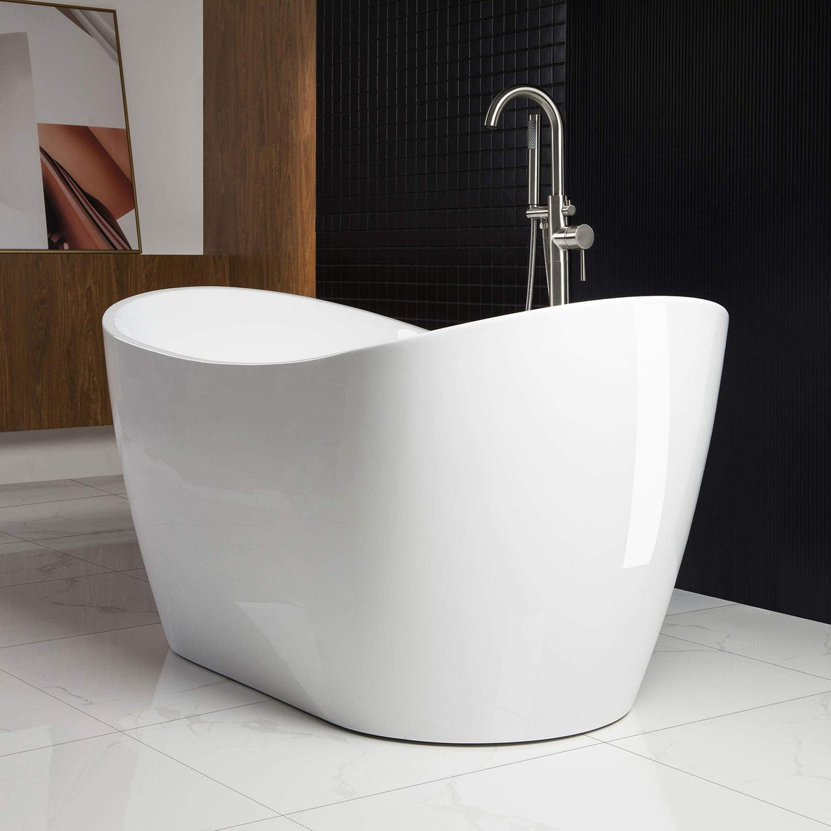 WOODBRIDGE 59"Freestanding White Acylic Soaking Bathtub with Brushed Nickel Drain and Overflow,B0011-BN