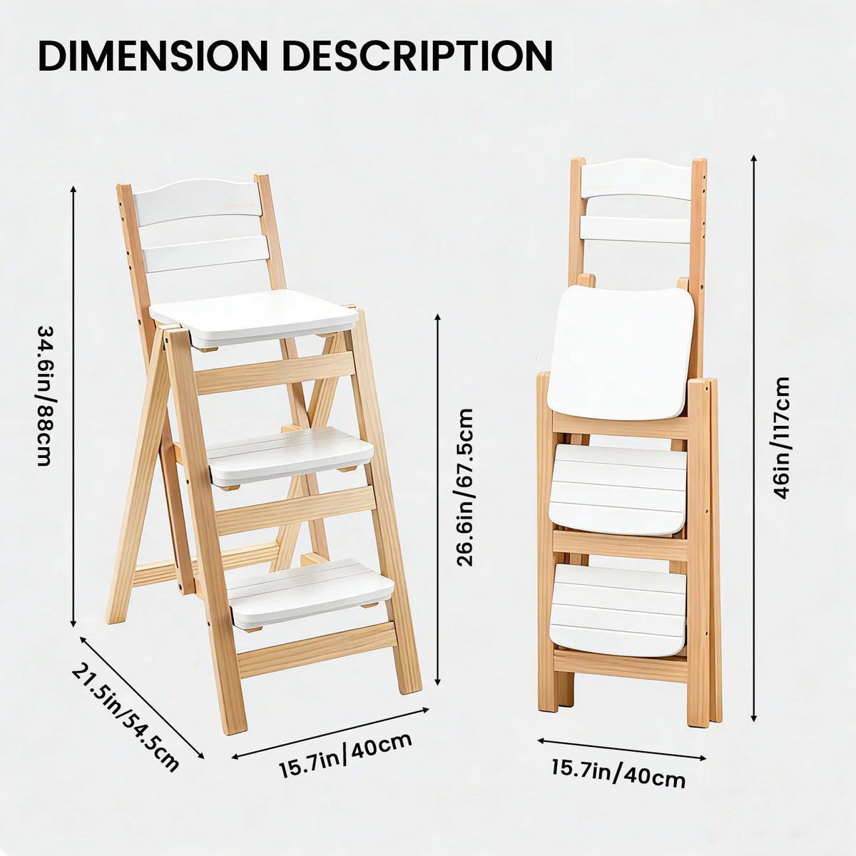 Wooden Folding Step Stool Chair, Solid Pine Wood 3-Step Ladder Stool with Seat, Multi-Purpose Step Chair for Kitchen, Home, Pantry or Bar Use(White)