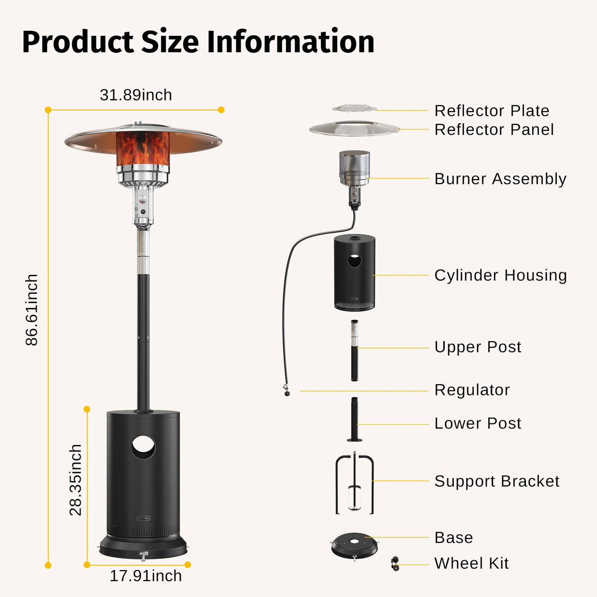 EAST OAK 55,000 BTU Propane Patio Heater with Round Table & Stainless Steel Burner, Outdoor Heater with Wheels, Ideal For Large Patios, Gardens, Outdoor Events, Commercial Use, Black