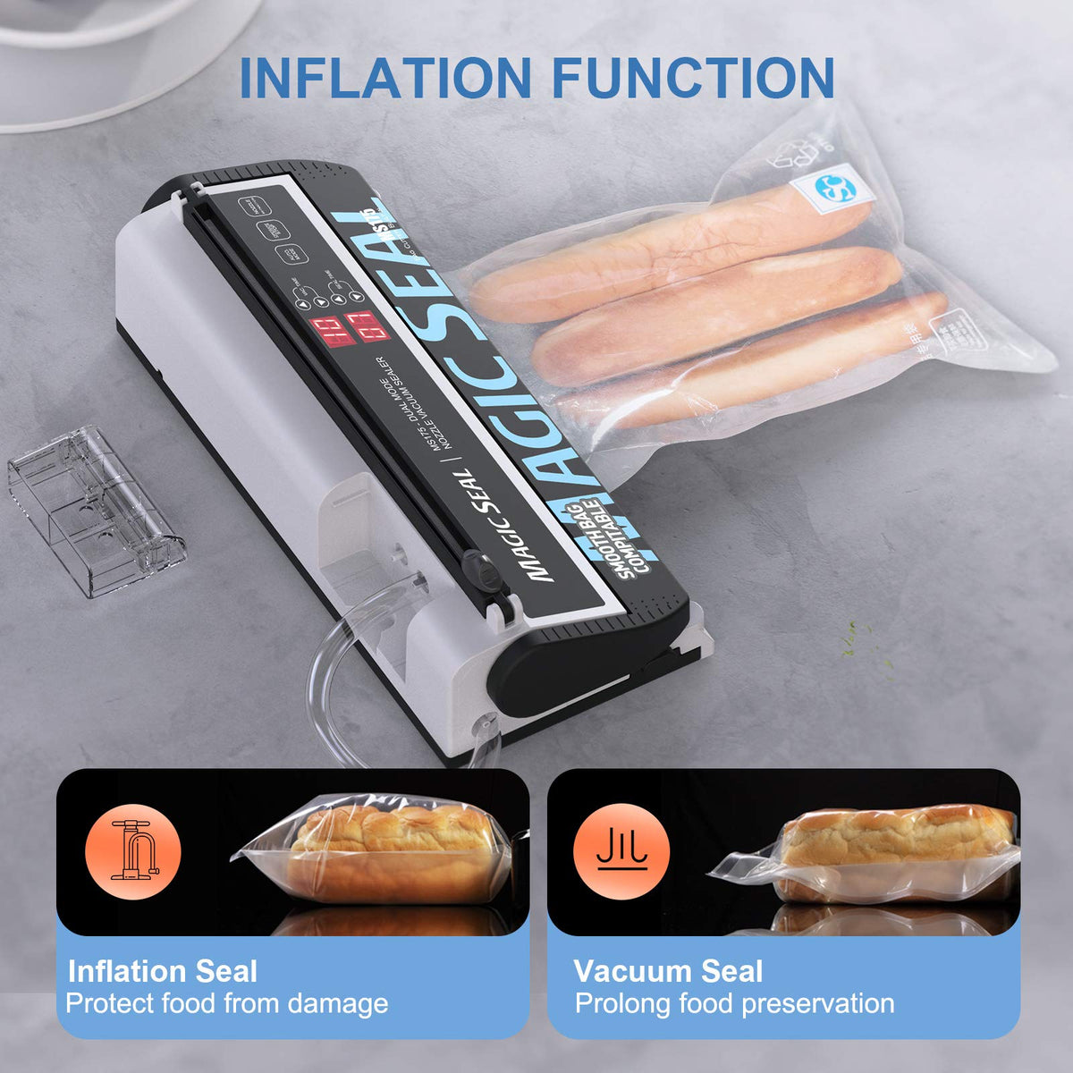 MAGIC SEAL Nozzle Vacuum Sealer Machine for Mylar bags & Smooth Flat Bags - 220W Food Sealer with Adjustable Air & Seal Settings, Auto/Manual Modes (Not for Textured) -MS175