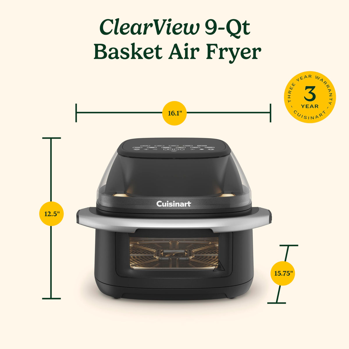 Cuisinart ClearView Large 9-Quart Basket Air Fryer with ClearView Window, Digital Control Panel, 5 Functions, 3 Air Fry Presets, 2 Custom Presets, Easy Clean, PFAS-Free, 3 -Year Warranty, AFC-9