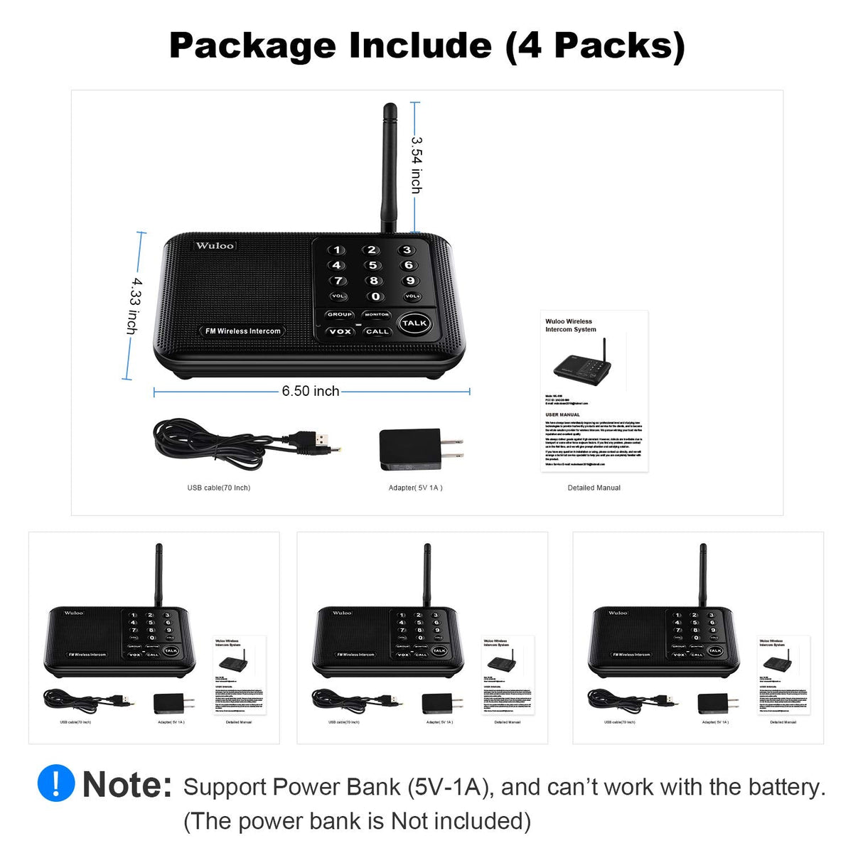 Wireless Intercom System for Home 5280 Feet Range 10 Channel 3 Code, Intercoms Wireless for Home House Business Office, Home Communication System, Room to Room Intercom Wuloo WL666(4 Units Set Black