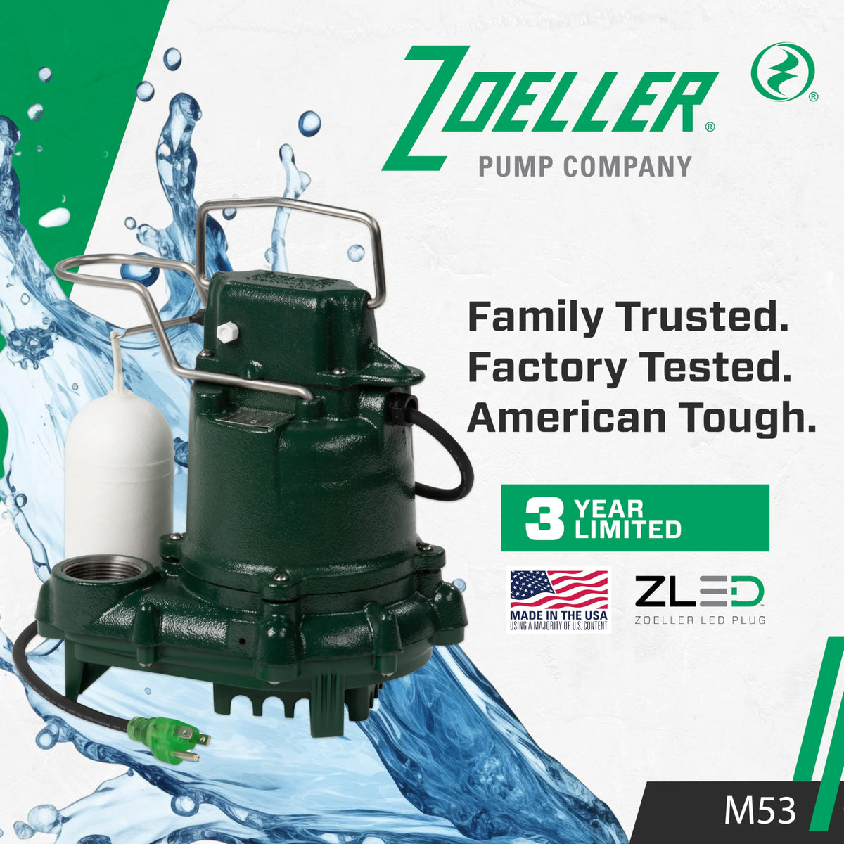 Zoeller - Mighty Mate M53 Sump Pump - 3/10 HP - Cast Iron - LED Power Plug & 9’ Cord - Vortex Impeller - Stainless Steel Hardware - Float Operated - Submersible Sump Pump - 115V