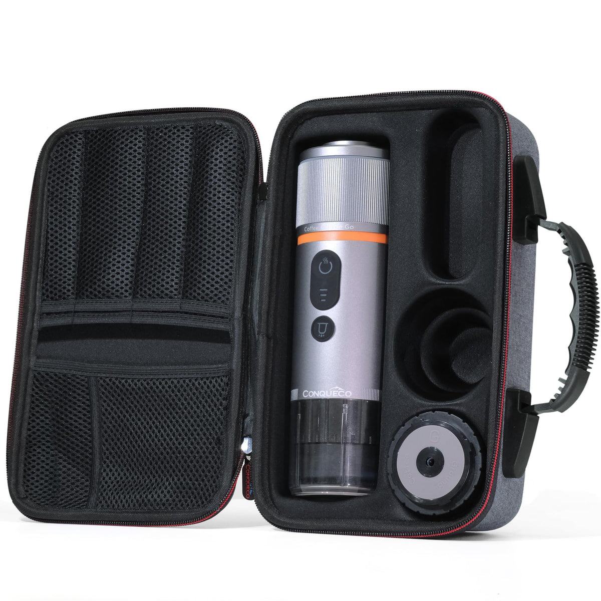 CONQUECO Portable Espresso Machine Travel: 12v Car Coffee Maker with Battery for Camping - Small Electric - 2.5 Mins Heating - Set With Ground Coffee & NS Capsule & Handbag for RV, Hiking, Office