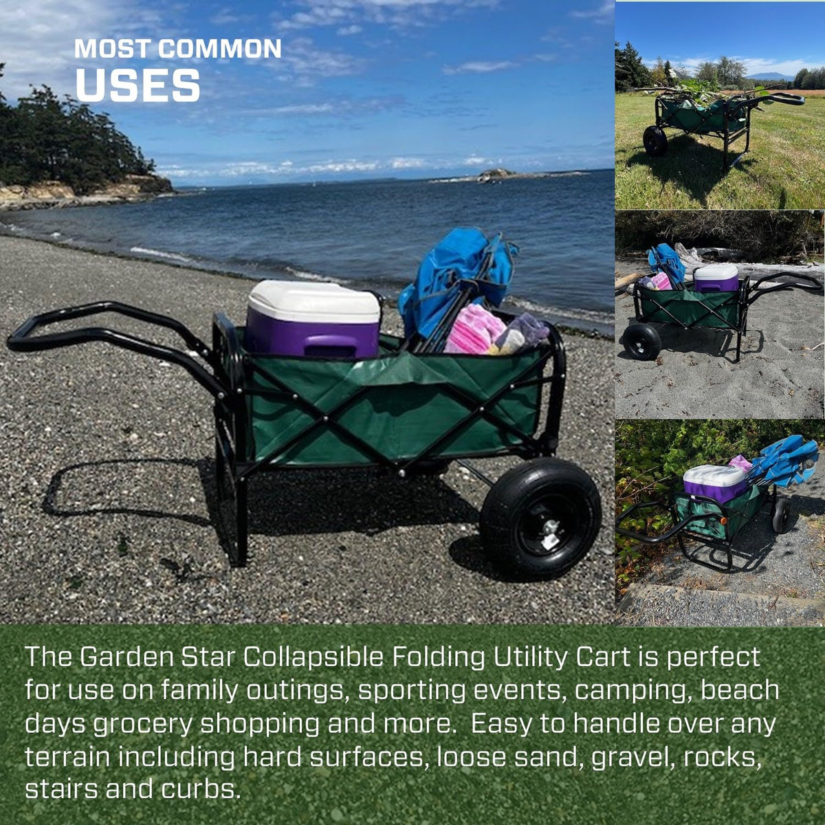 Garden Star 71001 Collapsible Folding Outdoor Utility Wagon for use Gardening, Camping, Beach, Sports Events, 13" Air-Filled Tires for Load Hauling on All Terrains, Easy Assembly