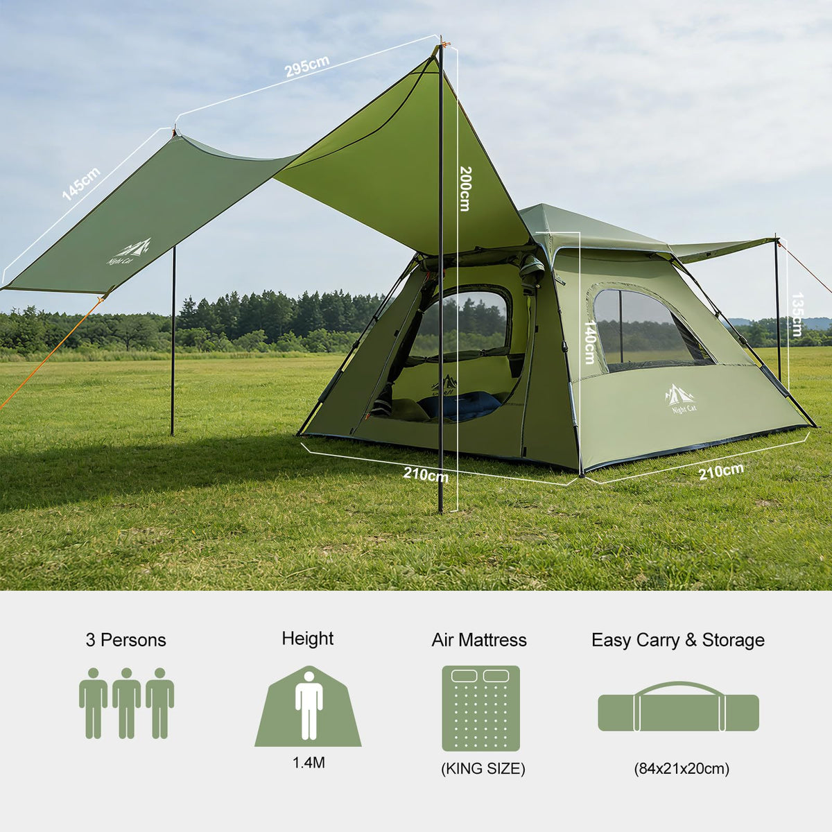 Night Cat 3-Person Camping Tent: Waterproof Instant Cabin Tent with Canopy Tarp for Family, 2-in-1 Canopy Tent with Porch Easy Setup