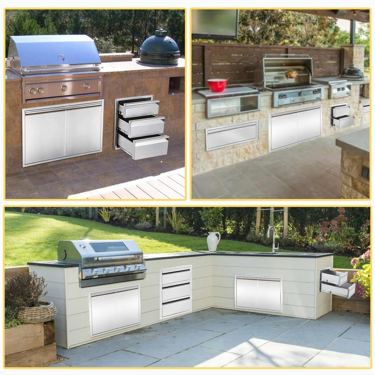 Outdoor Kitchen Drawers 16" W x 21" H x 23" D Triple BBQ Drawers Stainless Steel Built-in Drawer for Patio Grill Station or Outdoor Kitchen Island