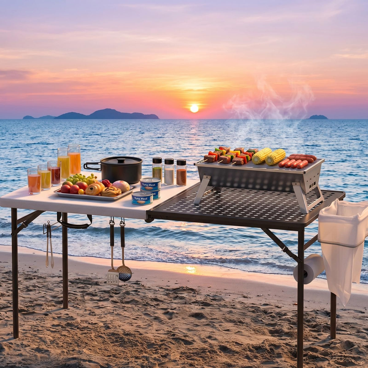 2 Pack 5ft Folding Table for Picnic Camping, Portable Outdoor Table with Metal Grid Grilling Surface, Heavy Duty Foldable Table for Cook Prep,Suitable for Camping, Backyard, Patio and Beach.