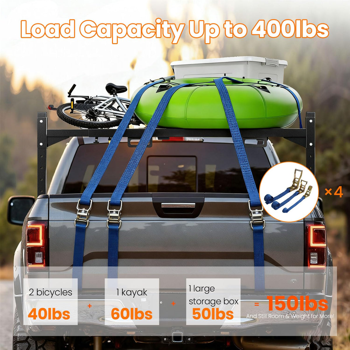 2 Pack Trailer Ladder Rack with 4 Straps, Heavy Duty Adjustable Ladder Rack for 4FT - 7FT Enclosed and Open Trailers, 400 LBS Capacity Truck Ladder Rack for Carrying Kayak, Ladder and Lumber, Black