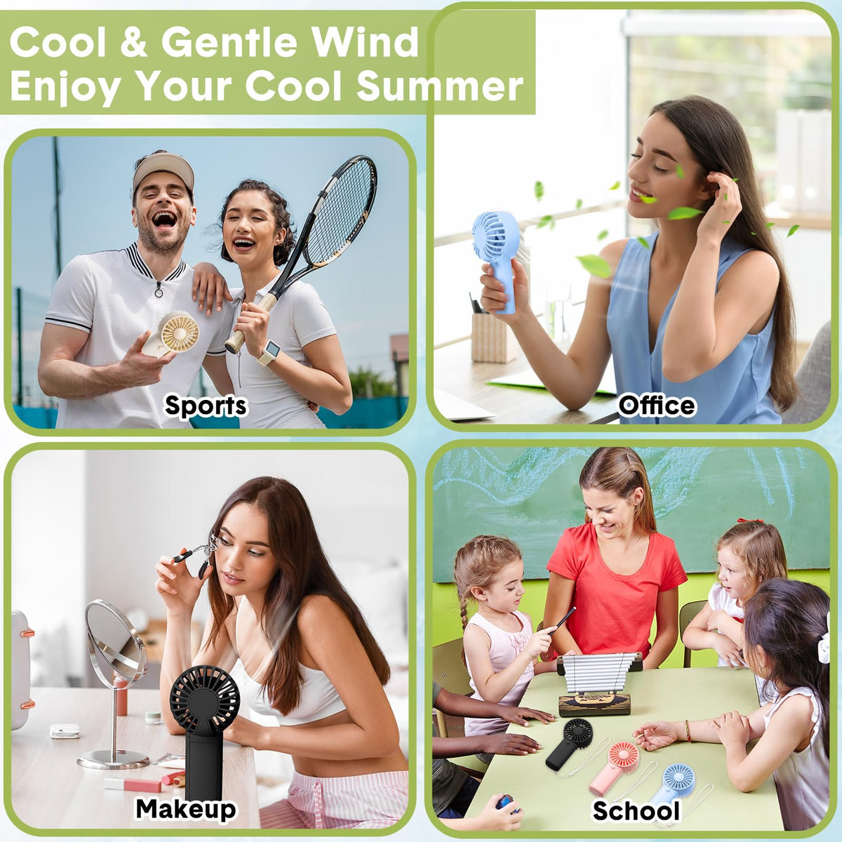 Rossesay 60 Pcs Mini Portable Fan Small Handheld Battery Operated Portable Personal Fans for Summer Travel Beach Indoor Outdoor Cooling Gift(Green, Pink, White, Blue, Black, Purple)