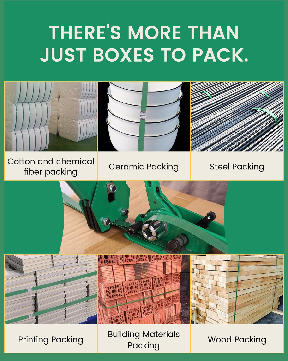 FoundGo PET Banding Strapping Kit for Heavy Duty Tough Pallet Packaging Strapping Tool with >1500lbs 5/8" x 2000' PET Strapping Roll & its own Pull-Out Box 200 Corner Protectors 450 Seals-Green