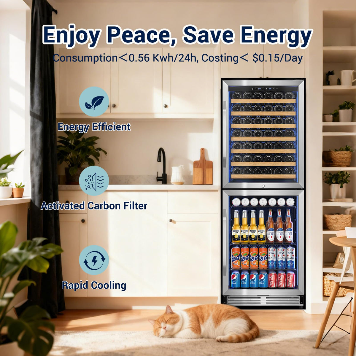 Tylza 24'' Wine and Beverage Refrigerator, Dual Zone Wine Fridge with 190 Cans and 90 Bottles, Upgraded Compressor, Low-E Tempered Glass, Safety Lock, 2 In 1 Beverage Fridge for Home or Commercial