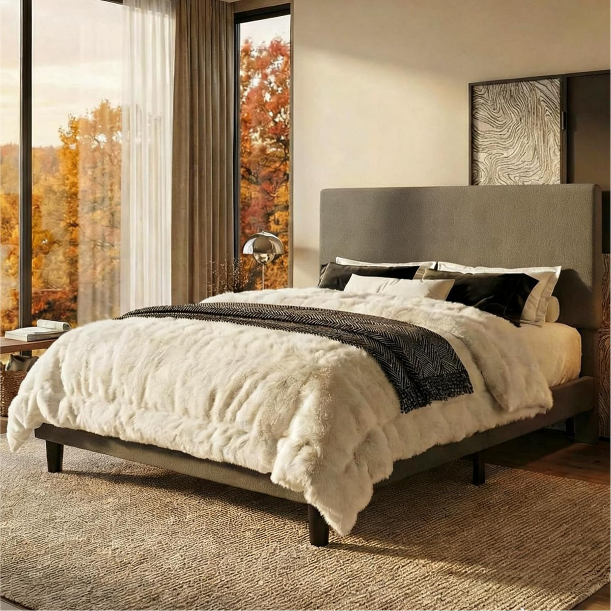 SHA CERLIN Full Size Platform Bed Frame with Adjustable Headboard and Wooden Slats Support, Boucle Upholstered Mattress Foundation, No Box Spring Needed, Easy Assembly, Dark Grey