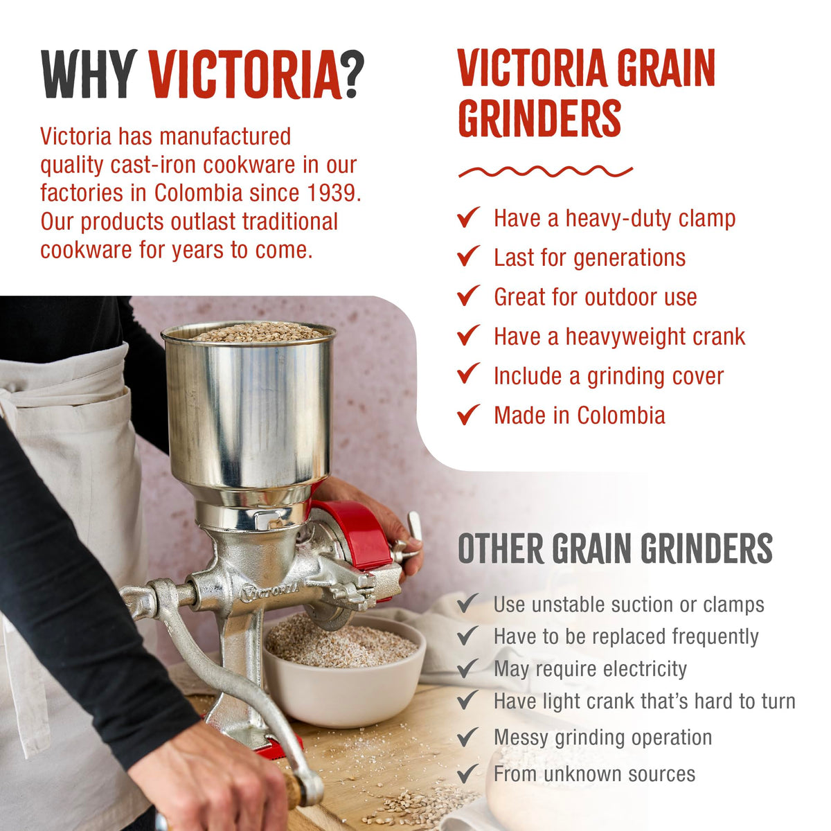 Victoria Manual Cast Iron Grain Mill with High Hopper, Premium Corn-Grinding Mill and Grain Grinder, Made in Colombia