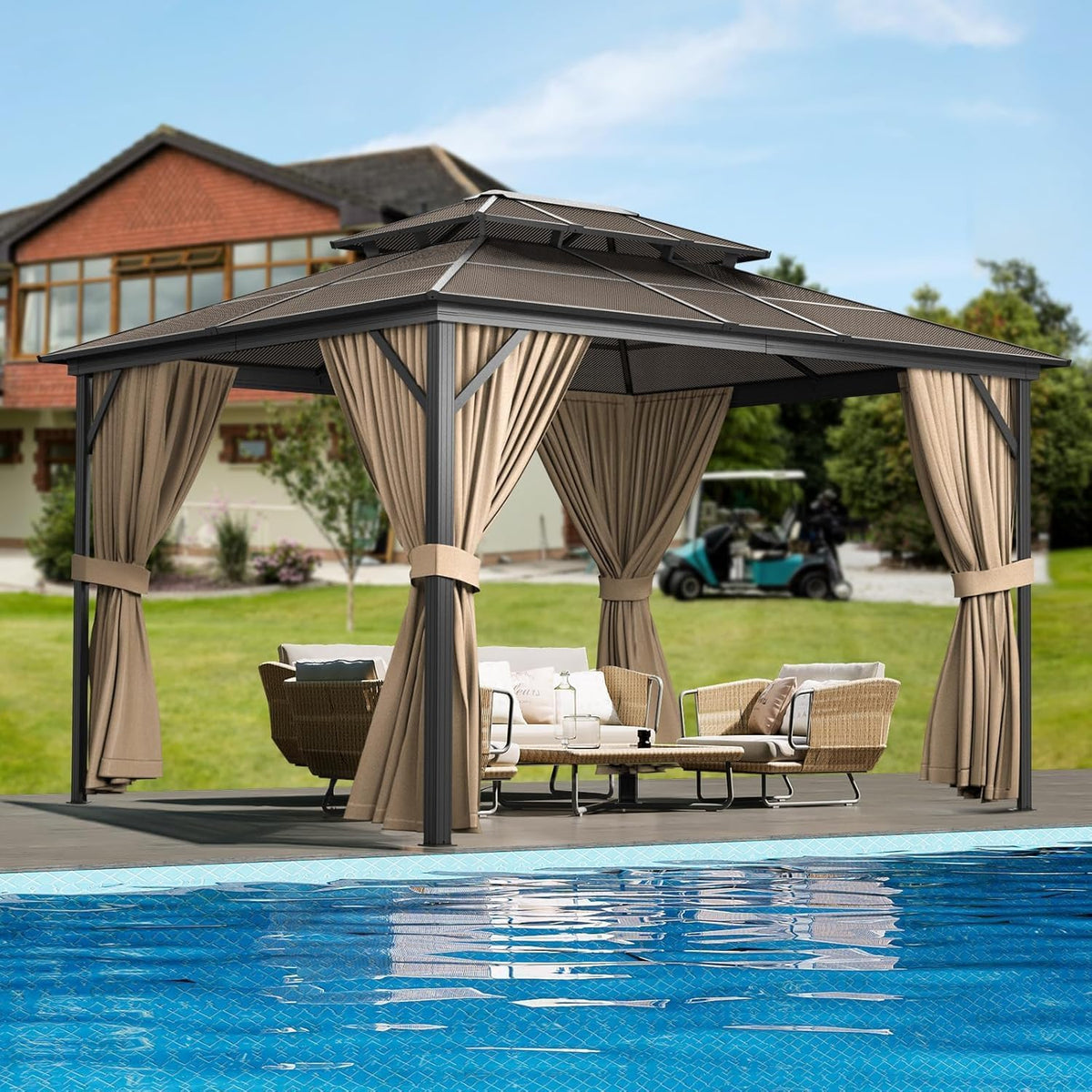 10'X13' Hardtop Gazebo, Outdoor Polycarbonate Double Roof with Curtains and Netting, Aluminum Frame Sunshade for Patio, Garden and Lawn
