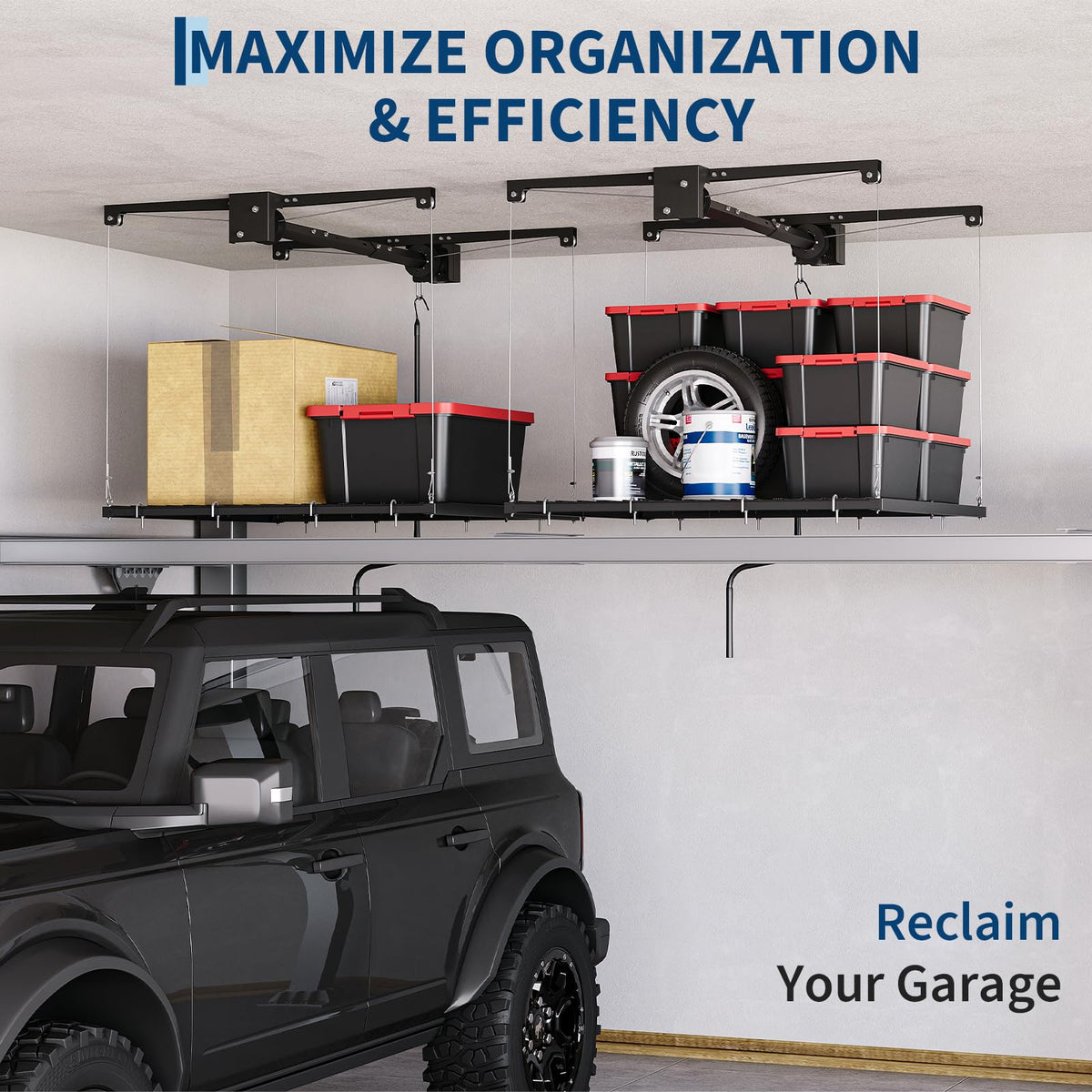 Overhead Garage Storage Rack, Adjustable 4x4 ft Ceiling Mounted Storage Racks with Dual Locking Safety System, 350 Lb Capacity Overhead Garage Storage Rack for Garage Ceiling Storage, Great for Bins