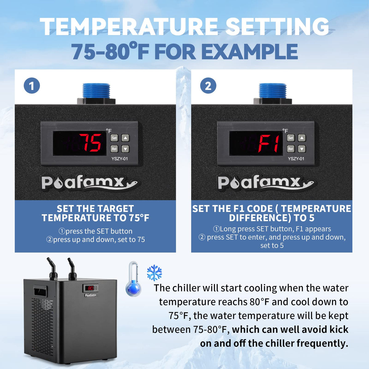 Poafamx 42gal Aquarium Chiller, 1/10 HP Water Chiller with Quiet Compressor for Hydroponics System, Coral Reef Tank, Axolotl & Jellyfish, 160L Freshwater Saltwater Cooling System