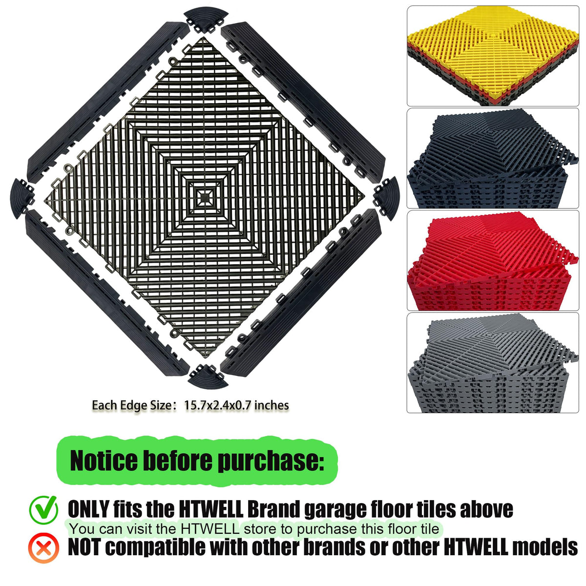 HTWELL 24 Pack 16"x 16" Modular Interlocking Drainage Floor Mats,Garage Floor Interlocking Tiles,Non-Slip Splicing Interlocking Floor Mats with Edge Corner Kit(Gray)