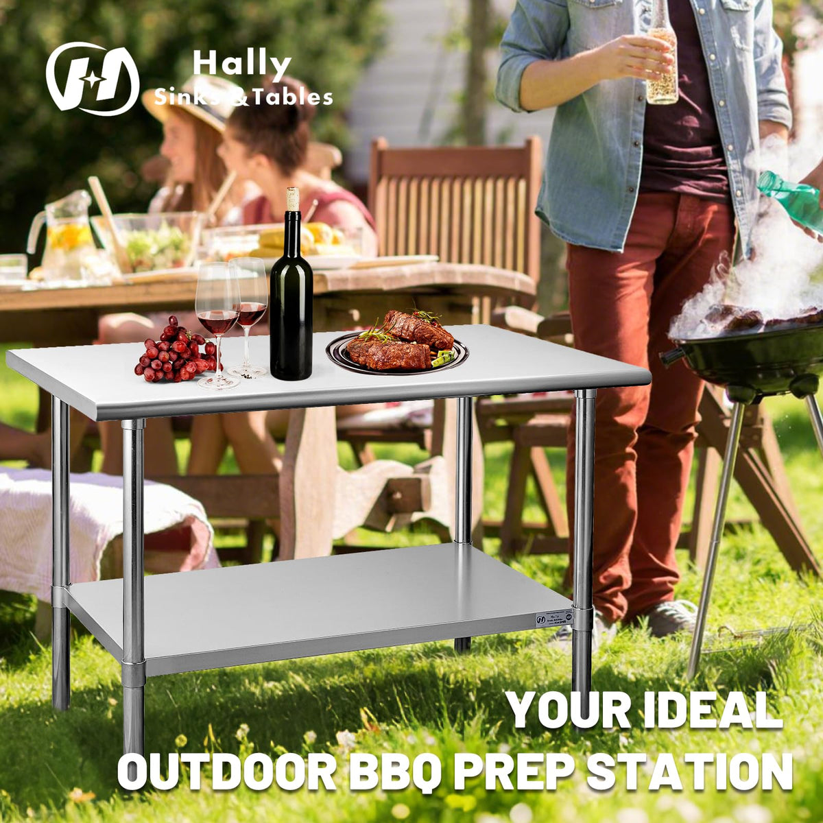 Hally Stainless Steel Table for Prep & Work 24 x 36 Inches, NSF Commercial Heavy Duty Table with Undershelf and Galvanized Legs for Restaurant, Home and Hotel