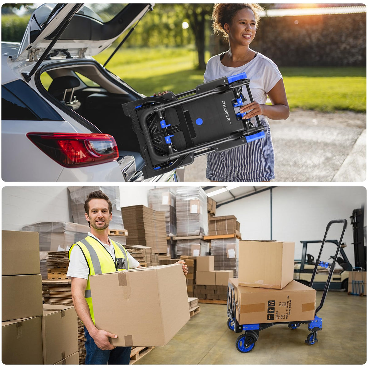 2-in-1Hand Truck Dolly Foldable with Folding Basket, 330LB Folding Hand Truck Heavy Duty Carrying, Combination of 4 Wheels and 2 Wheels Convertible Dolly Cart with Retractable Handle Dolly for Moving