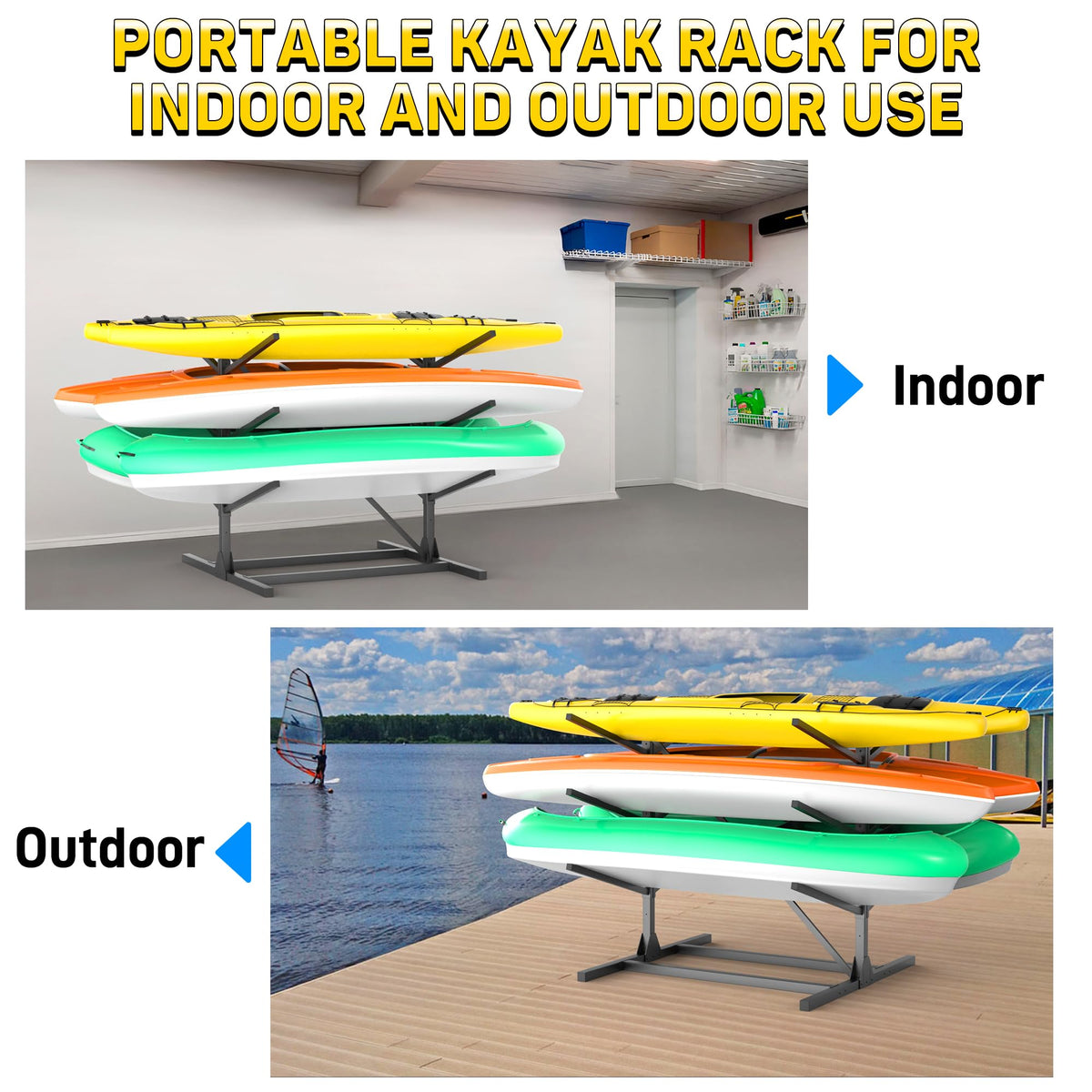Ultrawall Freestanding Kayak Storage Rack for Garage, Heavy-Duty Adjustable 3-Tier Kayak Stand Holds 6 Kayaks, Canoes & Paddle Boards, 660 lbs Capacity