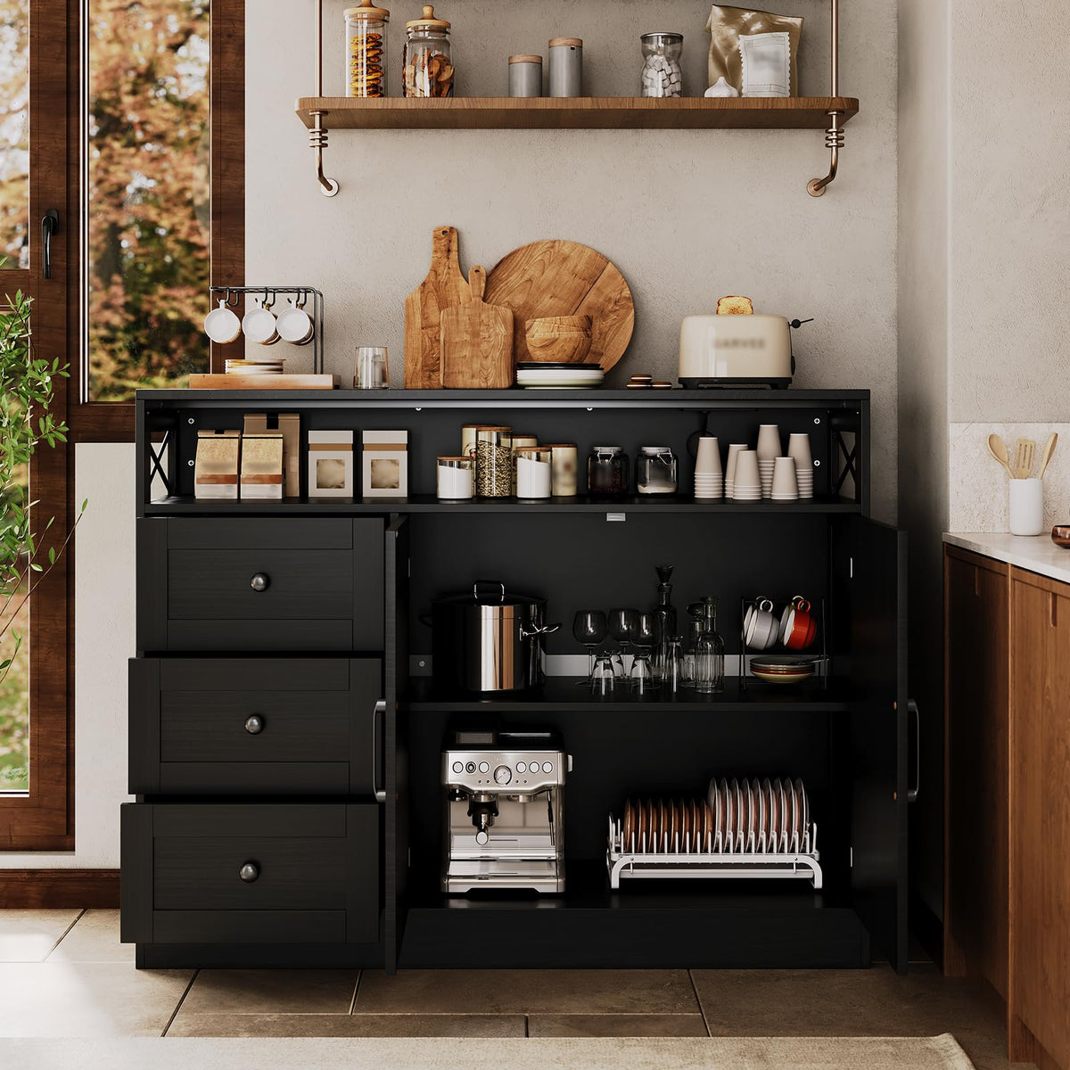 IDEALHOUSE 47" Buffet Cabinet Sideboard, Farmhouse Coffee Bar with Open Shelf, 2 Doors and 3 Drawers, Wood Wine Bar Storage Cabinet with Built-in Charging Station for Dining Room Living Room- Black