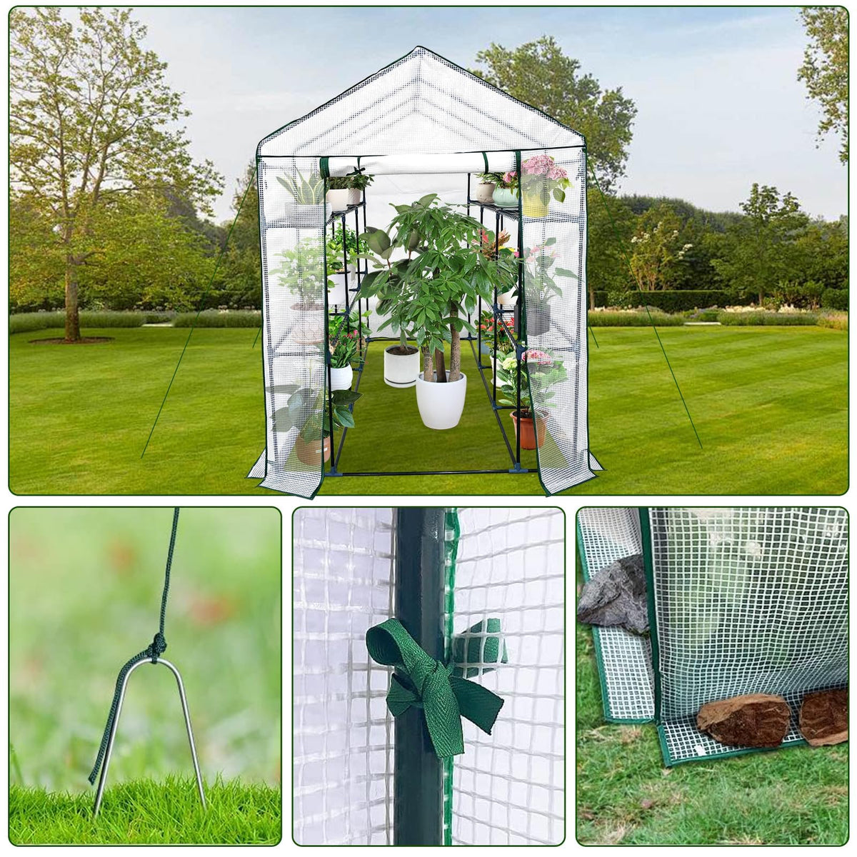 56"x85"x76" Walk-in Greenhouse for Outdoors, Green House Kit with Mesh Windows, UV-Resistant PE Cover, 3-Tier 8 Shelves for Seedling Flowers Growing, White