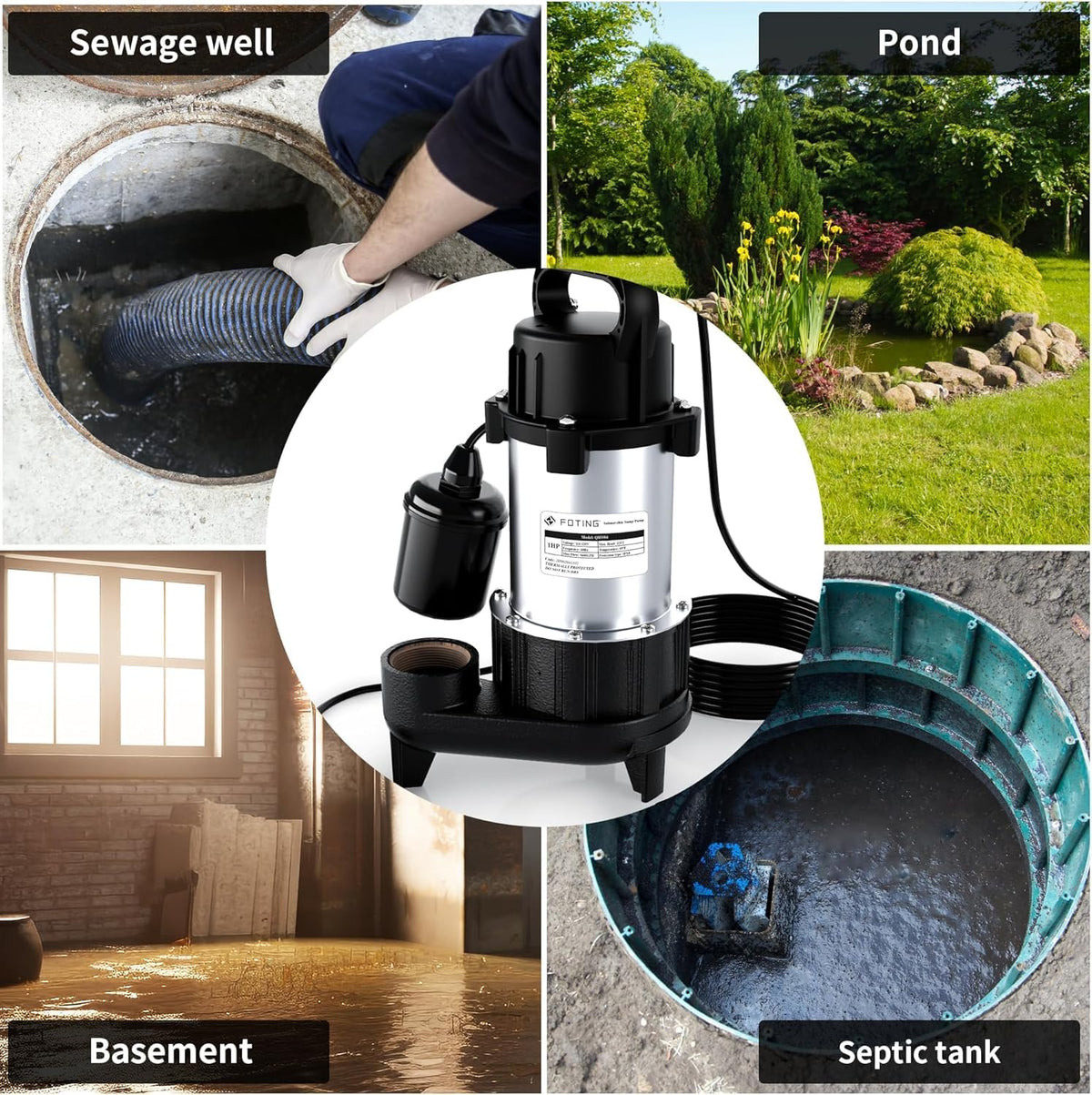 FOTING Sump Pump Submersible Sewage/Effluent Pump - Heavy Duty Cast Iron - 115V Septic Pump for Sump Basin/Residential/Sewage/Basement, 1HP 5600 GPH Sewage Pumps 2'' NPT,Black