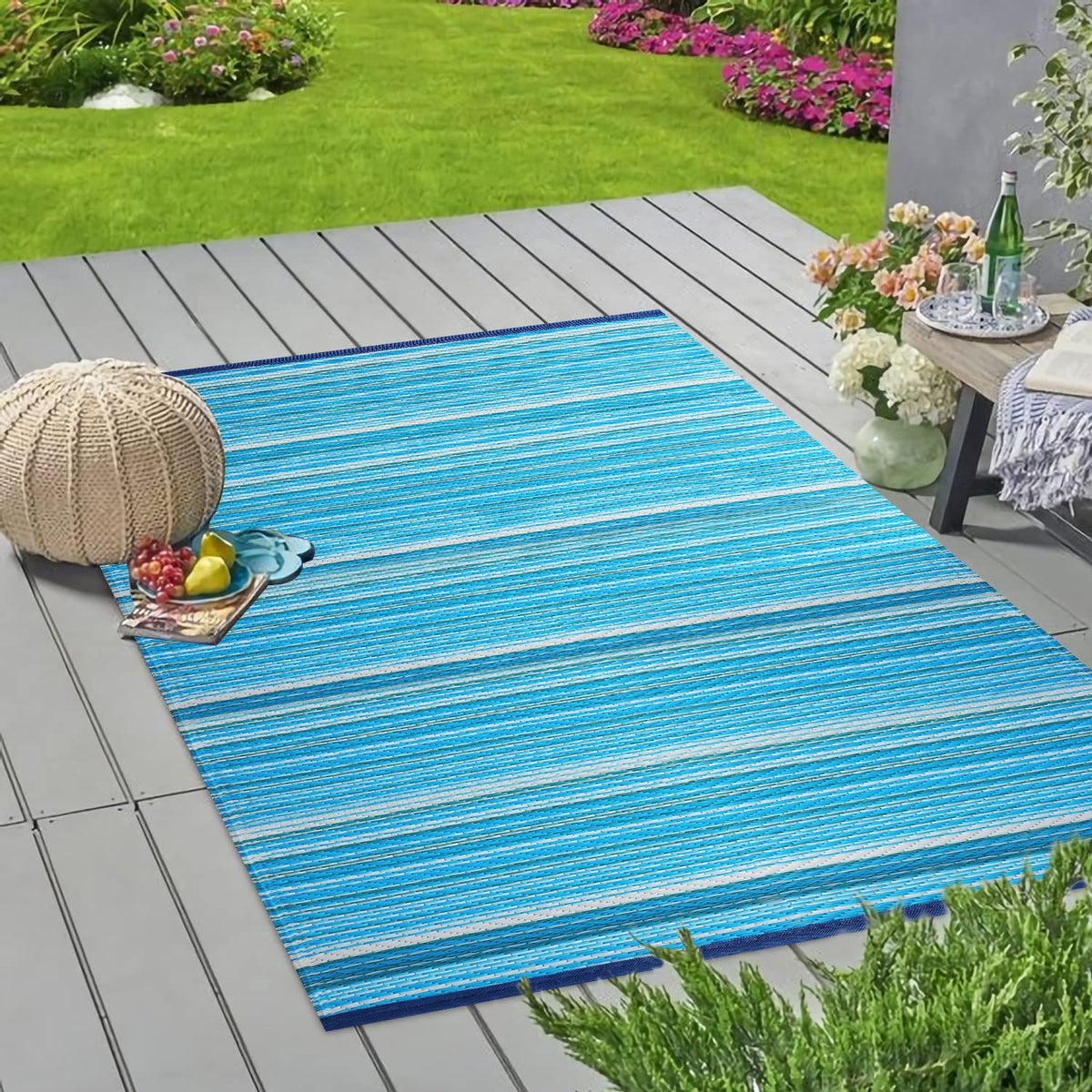 Wefavor Reversible Outdoor/Indoor Plastic Rug Plastic Straw Rug Waterproof Portable Mat, Easy to Clean and Fold,Perfect for Garden, Patio, Picnic, Decking-(Blue,9x12Ft)