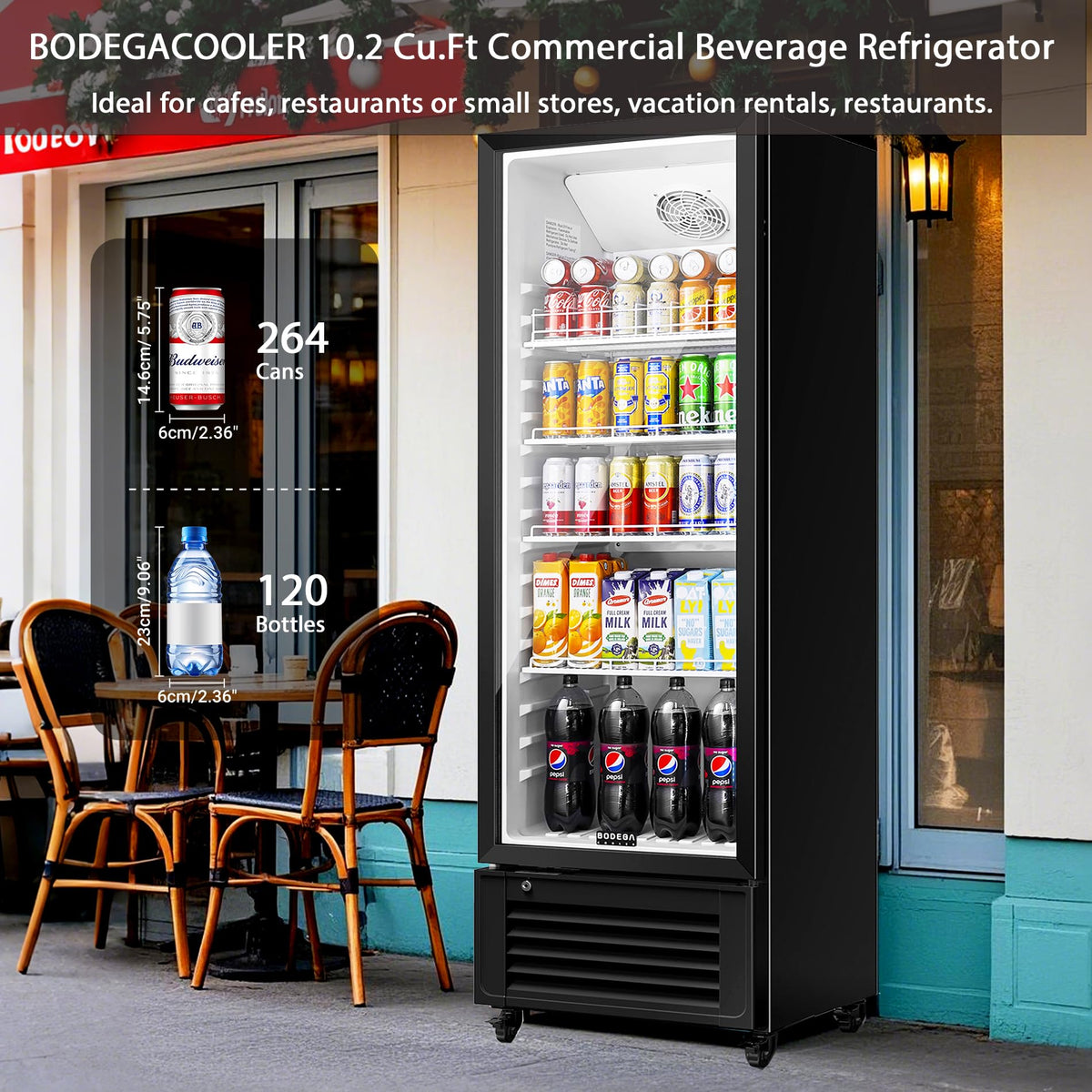 BODEGACOOLER Commercial Beverage Refrigerator, 290L Display Fridge with Soft LED Light, 264 Cans & 120 Bottles Commercial Merchandiser Refrigerator For Kitchen, Home,Office,Garage,Gym,Shop,Man cave