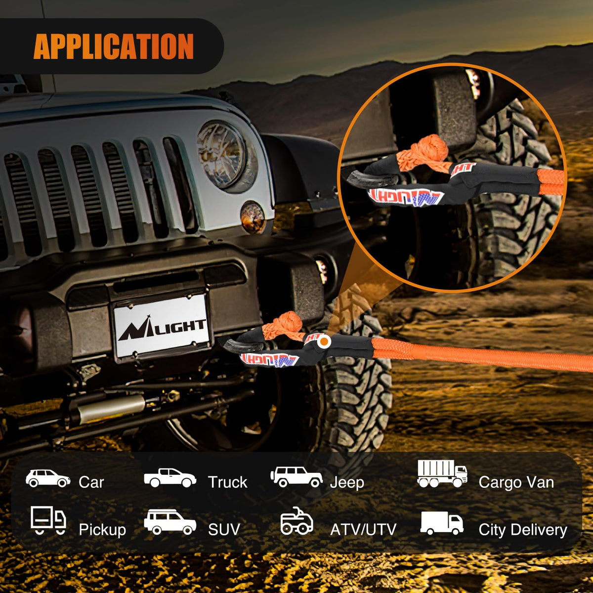Nilight Kinetic Recovery Tow Rope Kit with 2 Soft Shackle 1-1/8inx30ft Heavy Duty Offroad Tow Rope Snatch Strap Towing Strap kit 48,000LBS for UTV ATV SUV Truck Car Jeep Tractor