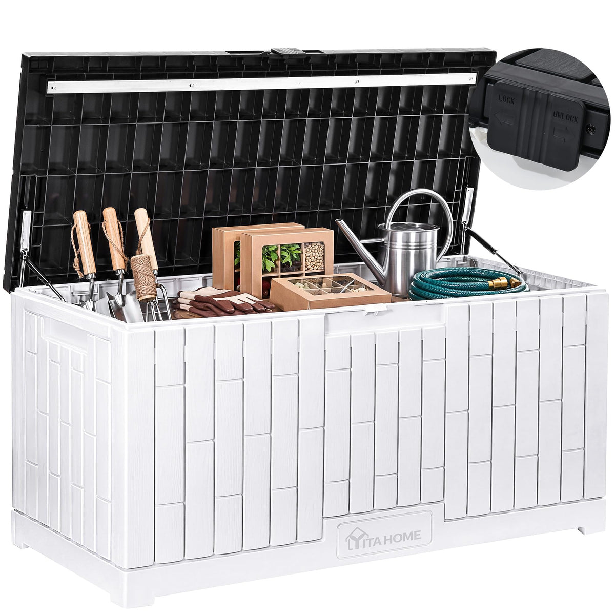 YITAHOME Large Deck Box 120 Gallon Resin Outdoor Storage Box w/Slide-Locking Black Lid, Patio Storage Bin for Outdoor Pillows, Garden Tools and Pool Supplies, Waterproof, Lockable, Grayish-White