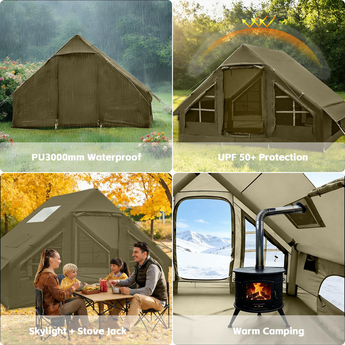Inflatable Tents for Camping, 4-6 Person Easy Blow Up Tent with Hand Pump,4 Seasons Waterproof Air Inflatable Camping Tent,Hot Tent with Skylight and Stove Jack for Family Camping,Green