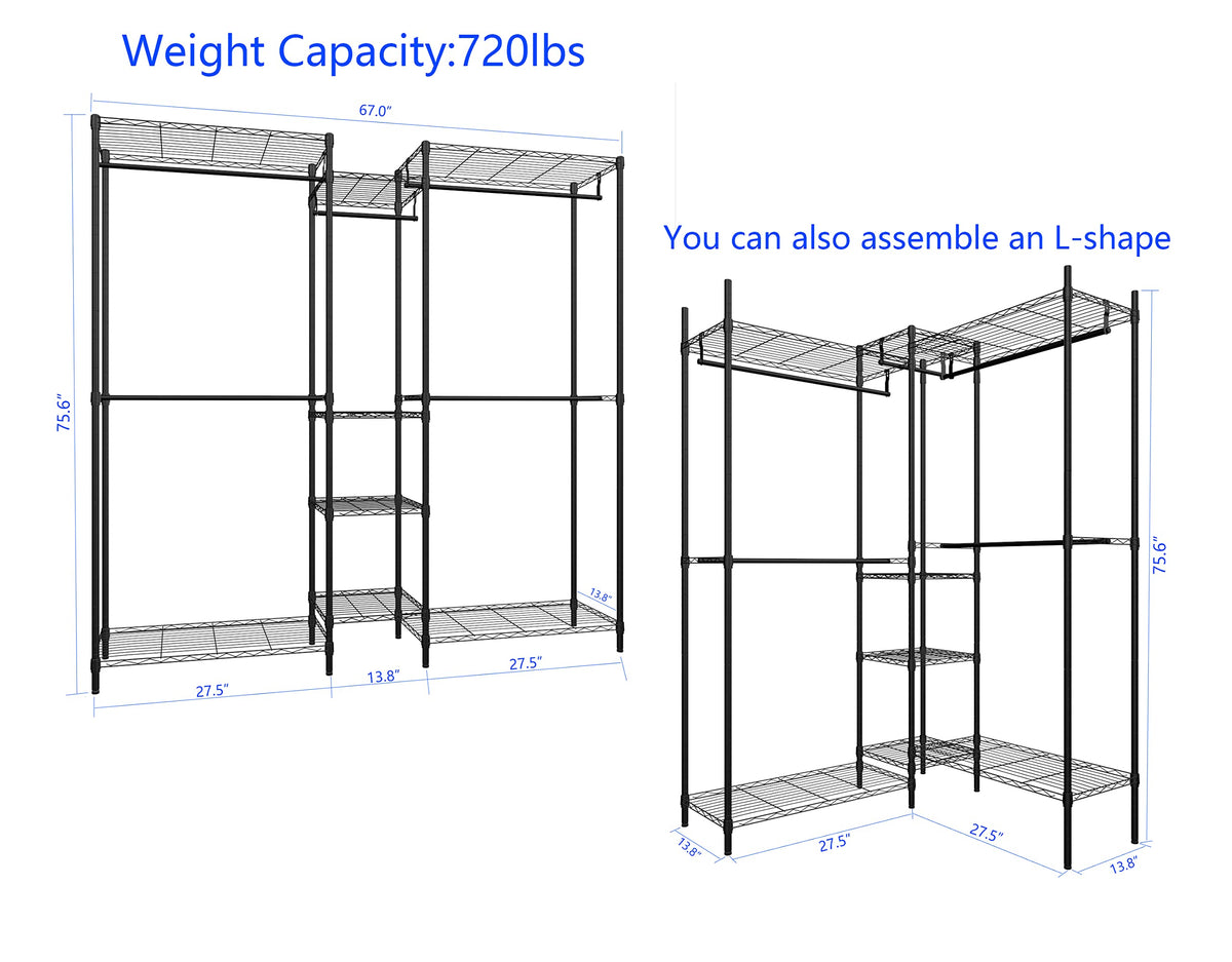 Serxis Heavy Duty Clothes Rack for Hanging Clothes, Metal Garment Rack,Large Capacity Portable Clothing Rack,Freestanding Open Wardrobe Organizer Rack, 67.0"L x 13.8"W x 75.6"H Max Load 720LBS, Black