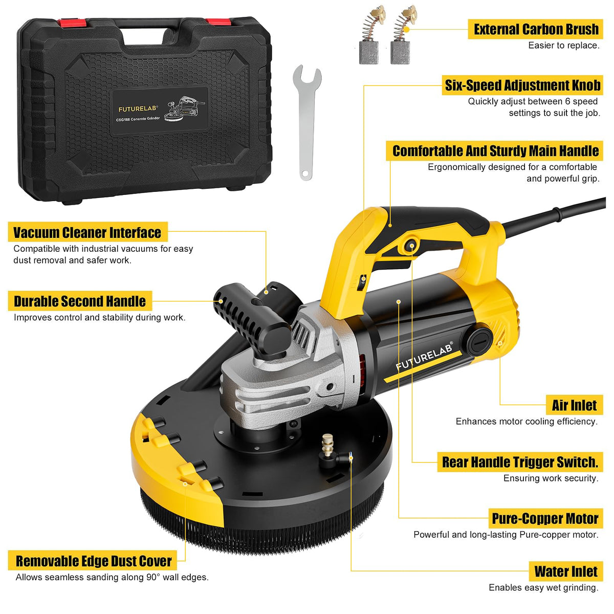 FUTURELAB® 7” 7-Inch Concrete Surface Grinder,Angle Grinder Kit with Dust Shroud, floor grinder, 2200W Motor,Auxiliary Handle, Diamond Wheel, 90° Seamless sanding for Floor, Wall, Adhesive and Ceiling