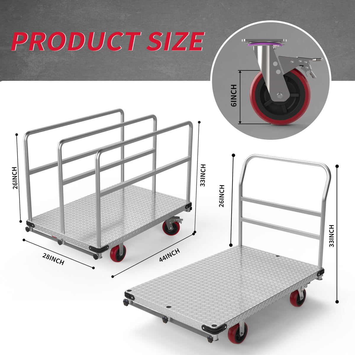 Extra Large Steel Panel Cart Dolly, 2IN1 Heavy Duty Drywall Lumber Truck with 3000 LBS Capacity, 44 x 28 inch 2MM Steel Plate Drywall Cart with 6" Swivel Brake Wheels, 1Front and 3Side Handrials