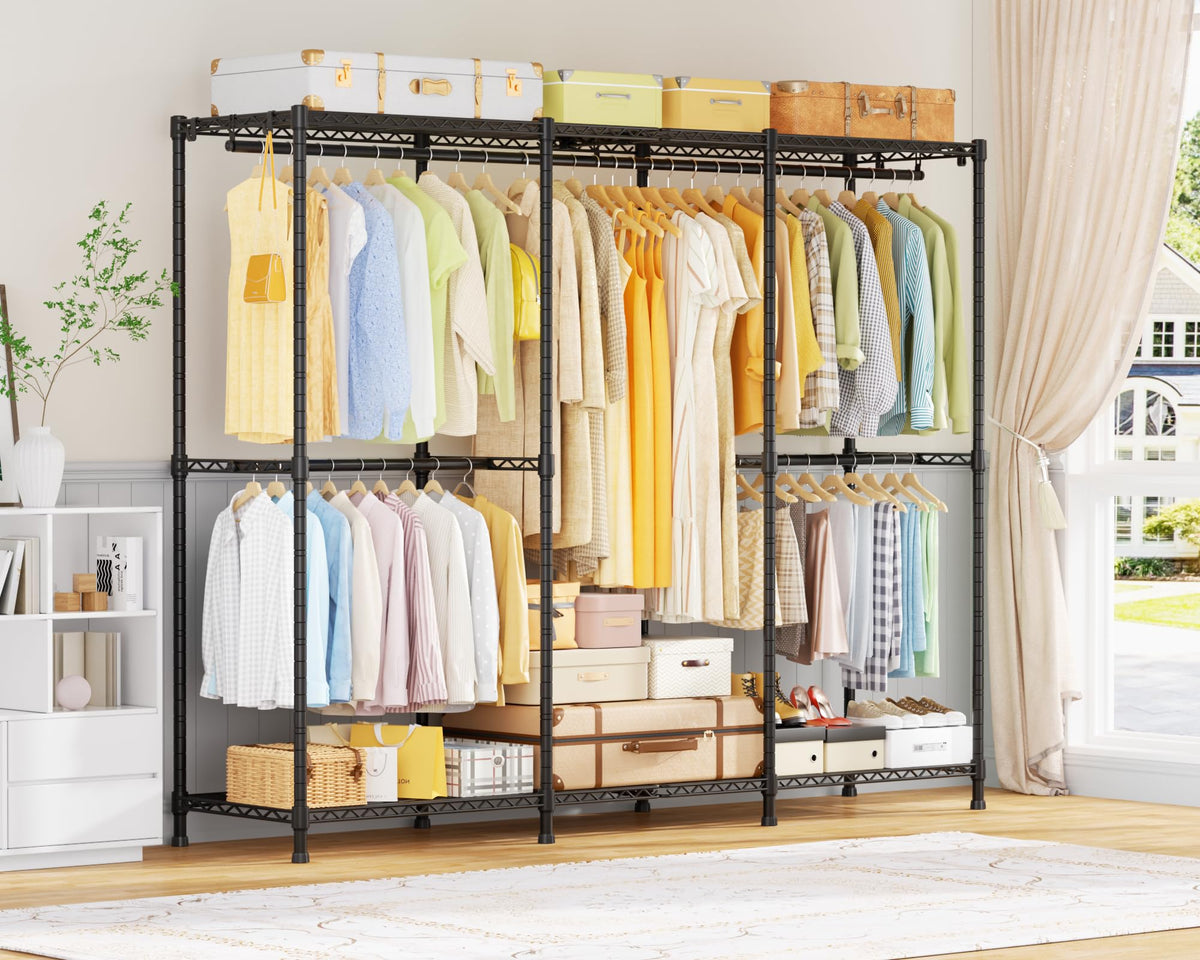 ULIFHOME E14 Pro Heavy Duty Clothes Rack,Freestanding Clothing Racks for Hanging Clothes,Adjustable Closet Organizers and Storage,Metal Garment Rack with Shelves 69"W x16"D x77"H,Max Load 960LBS,Black