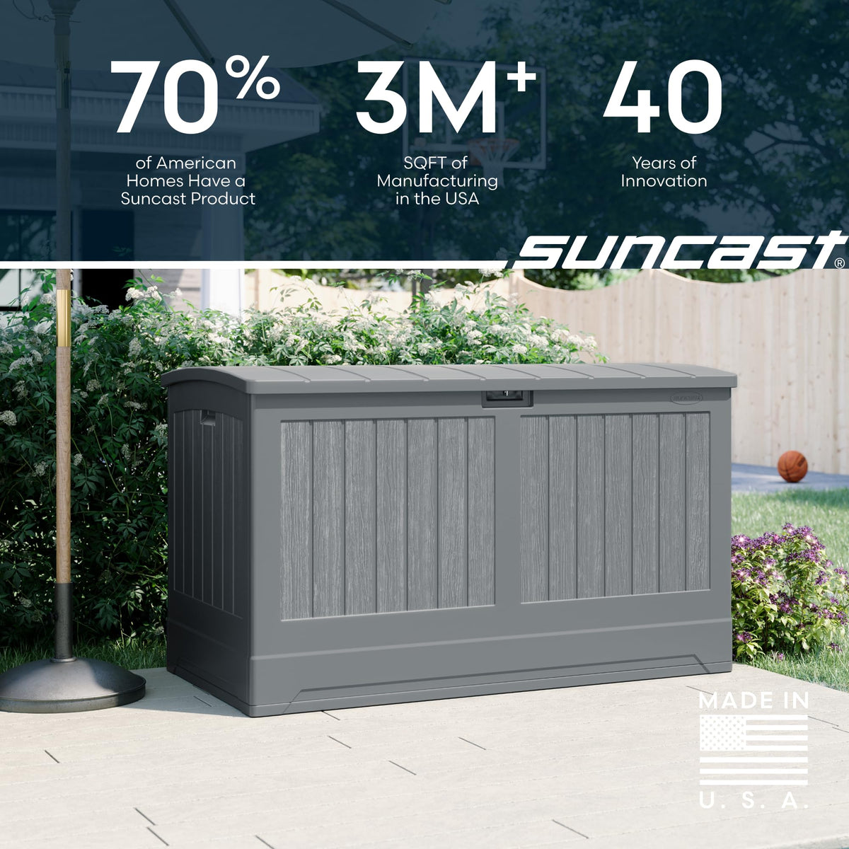 Suncast 200-gal. All-Weather Patio Deck Box, Made in the USA, with Pad-Lockable Lid, Extra-Large Outdoor Storage Unit for Patio Furniture and Grill Tools, Dove Gray Color