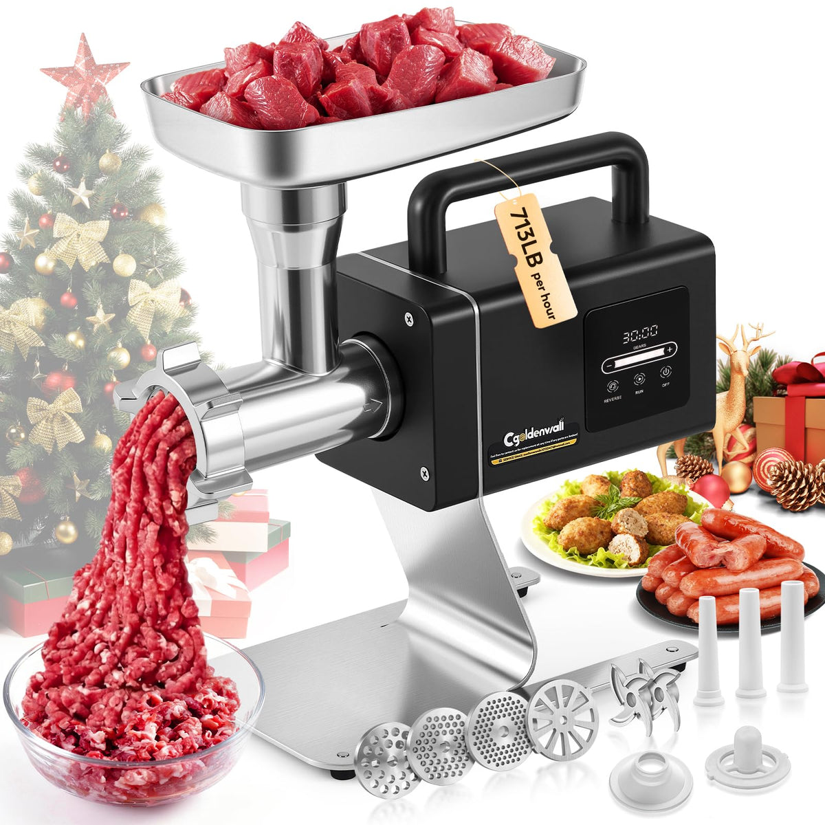 CGOLDENWALL Meat Grinder, 1.36HP Electric Meat Grinding, Heavy Duty Stainless Steel Meat Mincer & Sausage Stuffer with 5-Speed for Effortless Meat & Bone Processing, Home Kitchen & Commercial Use