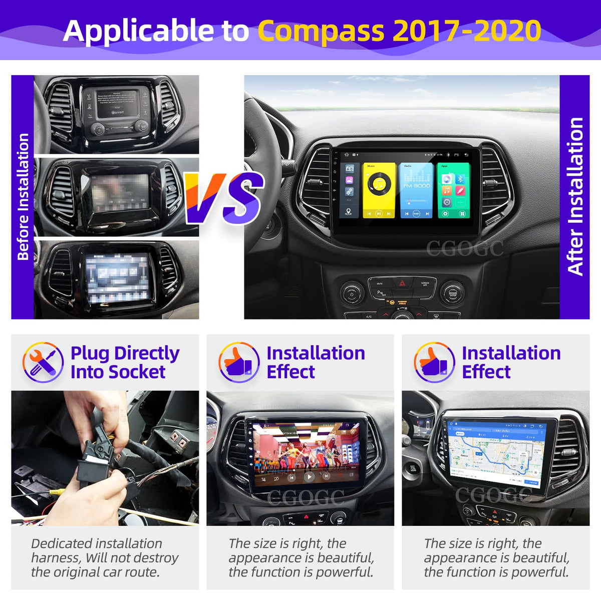 CGOGC for Jeep Compass 2017-2020 Radio Compatible with Wireless Carplay Android Auto TouchScreen Car Stereo Upgrade Bluetooth GPS FM/AM WIFI Navigation Backup Camera Multimedia Player 8-Core Head Unit