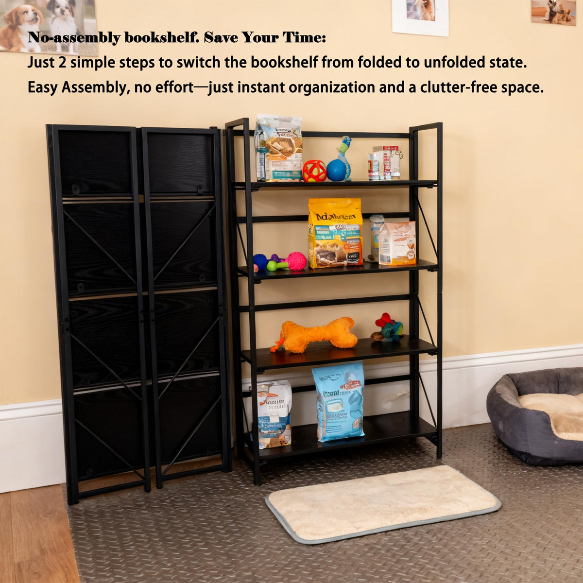 Kogven Folding Bookshelf, 2-in-1 Convertible Design, Multifunctional Plant Stand Storage Rack Shelves for Home Office, Easy Assembly, 4-Tier,Black