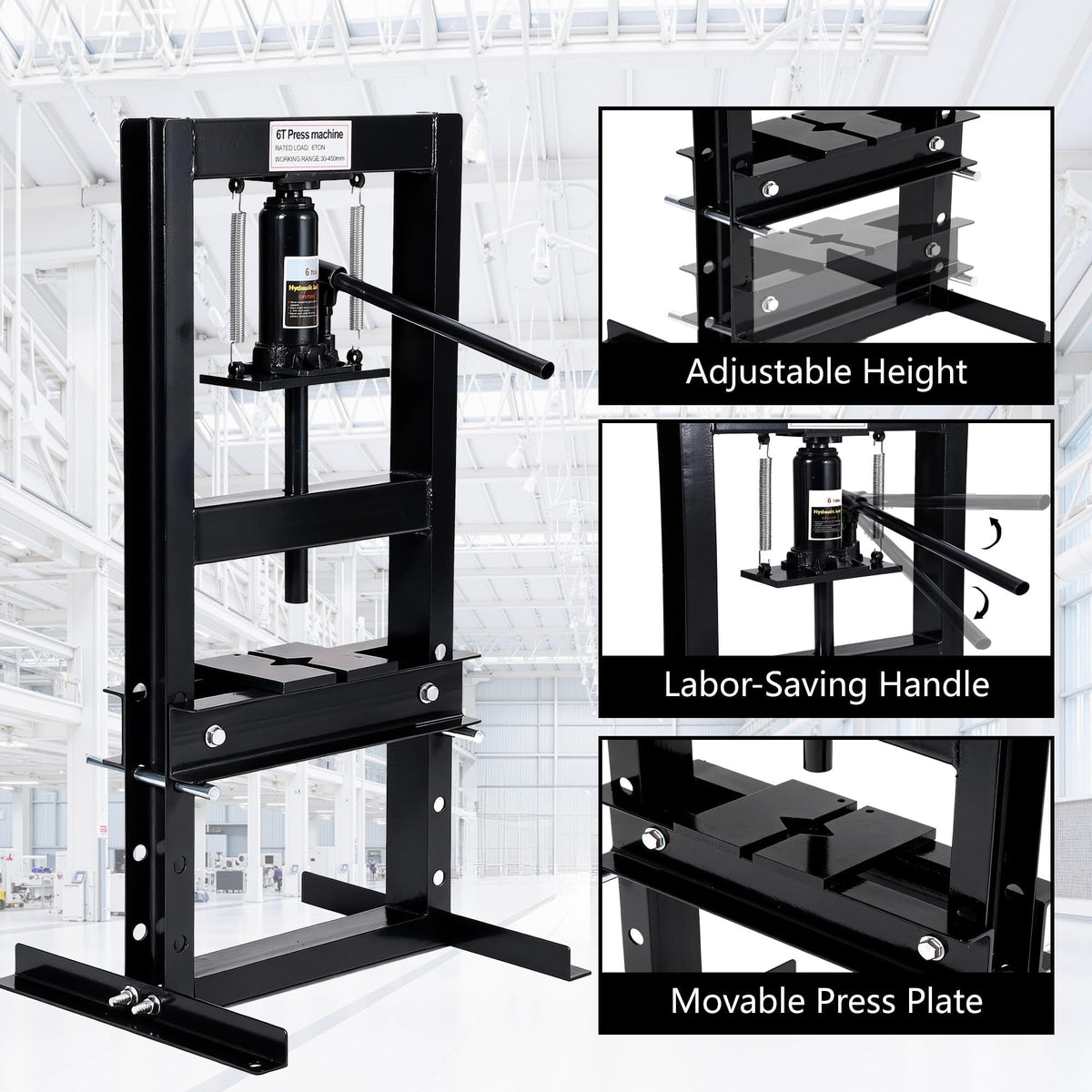 GAOMON 6 Ton Hydraulic H-Frame Shop Press – Heavy Duty Manual Hydraulic Press with Adjustable Bed, Stamping Plates, Worktable – Auto Repair, Metalworking, Garage, Engine Bearing Removal – 6T, Black