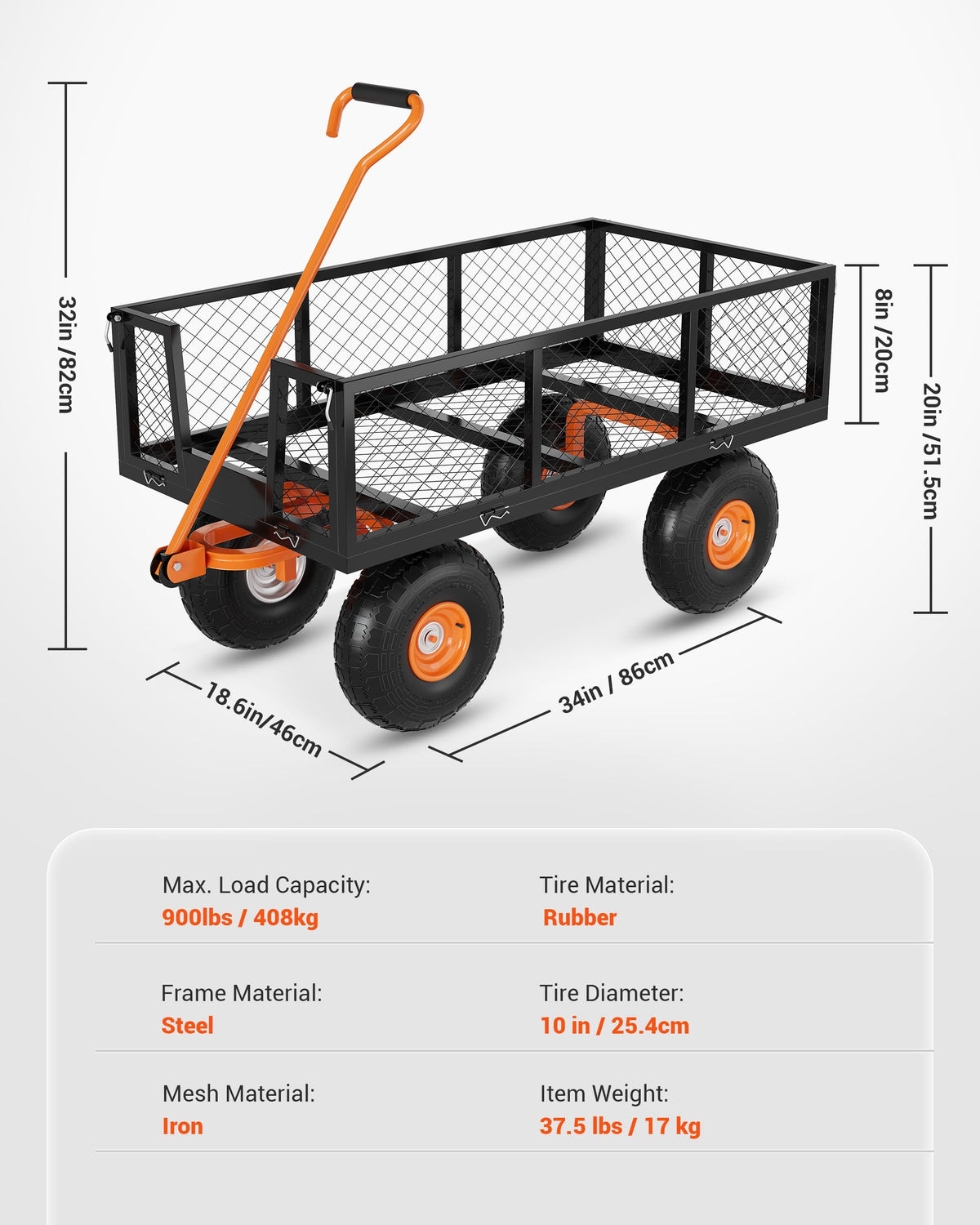 Heavy Duty 900 Lbs Capacity Steel Garden Cart, 3-in-1 Utility Metal Wagon, with Removable Mesh Sides to Convert Into Flatbed, 180° Rotating Handle and 10" Tires