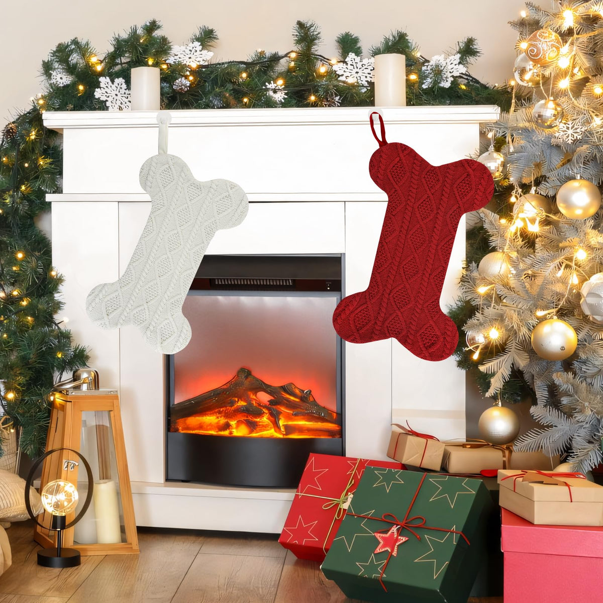 KCFESTIHUE Christmas Stocking, Large Dog Bone Shape, Super Soft Cable Knit Pattern, 18", Fireplace Hanging Holiday Decoration, Knitted Xmas Stockings for Pets, Family Party Décor, White